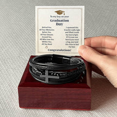 To My Boy Graduation Memories (Love You Forever) - Leather Cross Bracelet